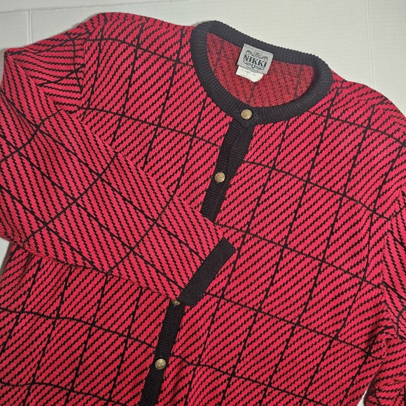Nikki Sweaters - Womens L Made In USA 100% Acrylic Sweater Button Front Cardigan Vintage Red Blk